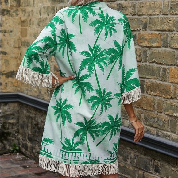 π BOHO GREEN PALM PRINT FRINGE LOOSE FIT DRESS! - Picture 2 of 10